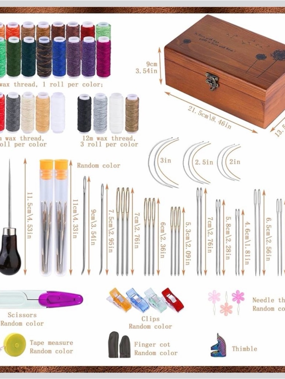 Leather sewing kit with wooden box